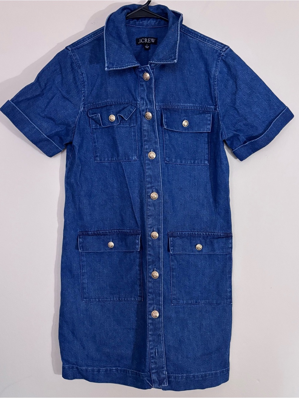 J.Crew Denim Utility Mini Dress Size 4 Short Sleeve Button Front 4 Pocket